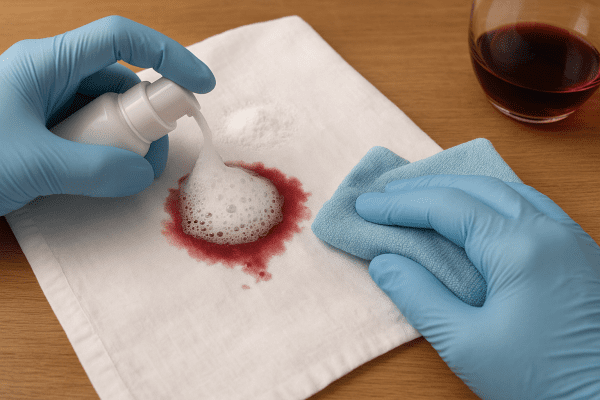 Macro close-up of gloved hands applying foaming remover to a wine stain on a white shirt, with baking soda and a microfiber cloth on a wooden table.