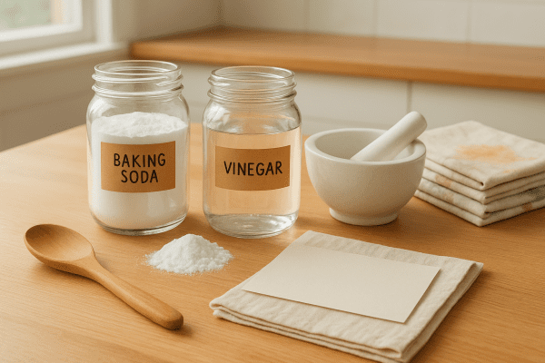 Kitchen island with mason jars of baking soda and vinegar, mortar and pestle, blank recipe card, and stained napkins.