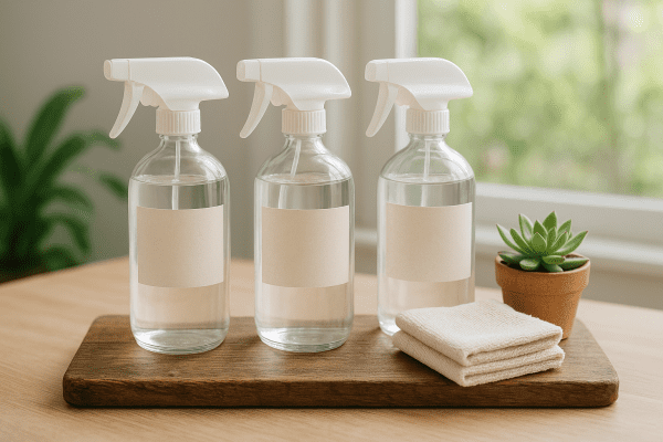 Eco-friendly stain remover bottles on reclaimed wood tray with cotton cloths and a succulent, green home background.