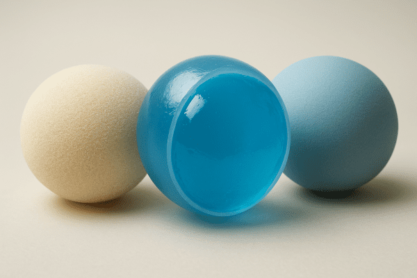 Close-up macro of foam, cut-open gel, and latex stress balls on a clean background, vivid texture details.