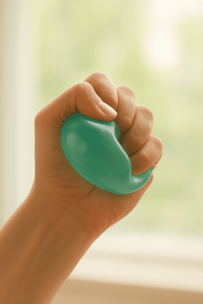 Hand gently squeezing a gel stress ball, tranquil soft-focus background in daylight.