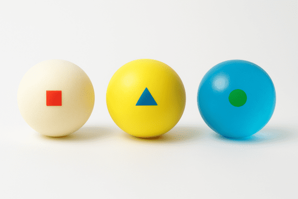 Foam, latex, and gel stress balls neatly arranged with small colored stickers on a white background.