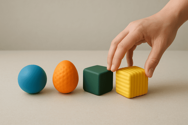 Varied stress balls in multiple shapes and textures, hand reaching for a ridged cube on a neutral surface.