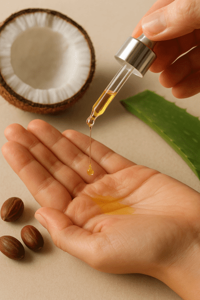 A macro dropper dispenses golden tanning oil onto a palm, surrounded by coconut, jojoba, and aloe.