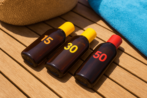 Three tanning oil bottles with color-coded SPF caps on a teak table, beside a straw tote and blue towel.