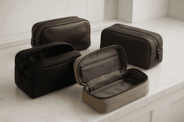 Elegant toiletry bags in leather, nylon, canvas, and recycled fabrics, some open to showcase waterproof interiors and detailed compartments, displayed on a marble bathroom vanity.