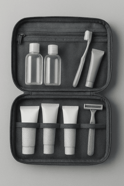 Open toiletry bag with travel-size bottles, collapsible toothbrush, razor, and skincare tubes, all organized in mesh and zippered pockets on a plain white surface.