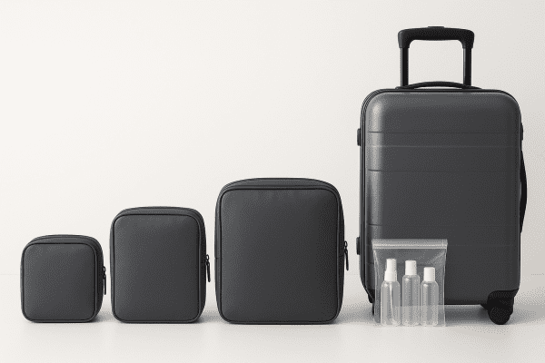Three toiletry bags of different sizes aligned next to a carry-on suitcase and a clear airline liquid bag on a bright surface.