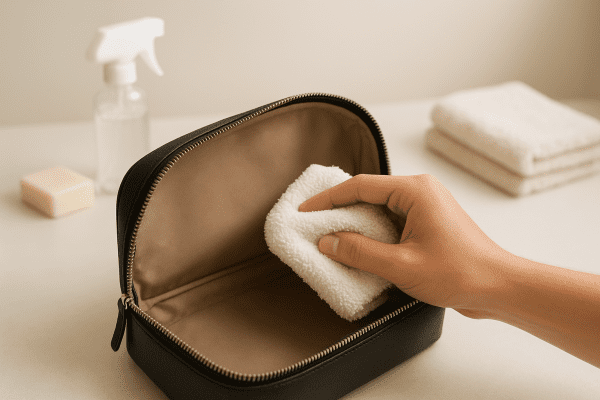 A hand gently cleaning the interior lining of an open toiletry bag with a microfiber cloth, cleaning supplies softly visible on a bright counter.