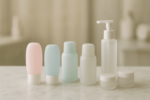 Travel-size leak-proof bottles and jars arranged on a marble bathroom vanity.
