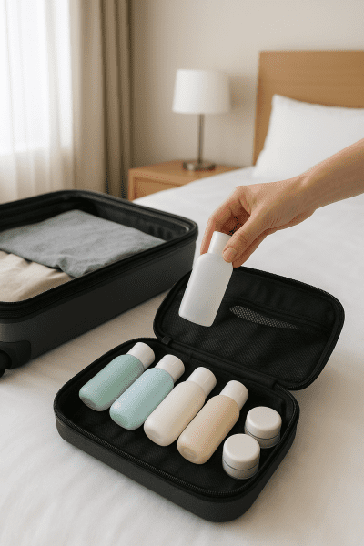 Hand placing a travel bottle in a mesh toiletry pouch in a suitcase.