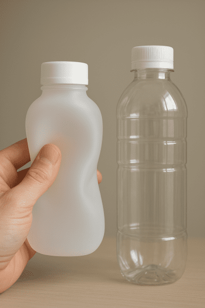 Hand comparing flexible silicone and rigid plastic travel bottles.