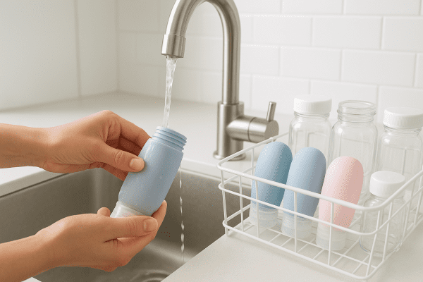 Hands washing a silicone travel bottle in a modern kitchen sink.