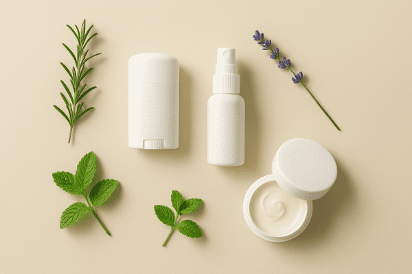 Flat lay of travel deodorants in various formats with fresh herbs on a sand-toned background.