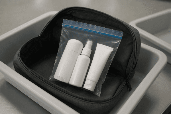 Travel bag with clear quart-size bag holding TSA-compliant deodorants in airport tray.