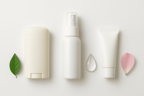 Three travel deodorants with natural symbols on a white surface.