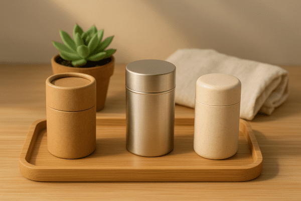 Eco-friendly travel deodorants on bamboo tray with plant and cotton pouch.