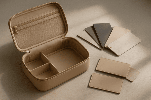 An open eco-friendly makeup bag on a stone surface, showing organized compartments, gold hardware, waterproof lining, and fabric swatches.