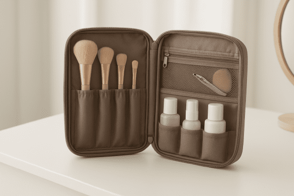 Organized travel makeup bag on a minimalist vanity, with brushes in loops and skincare bottles in slots.