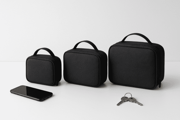Small, medium, and large travel makeup bags in a row with a smartphone and keys for scale.