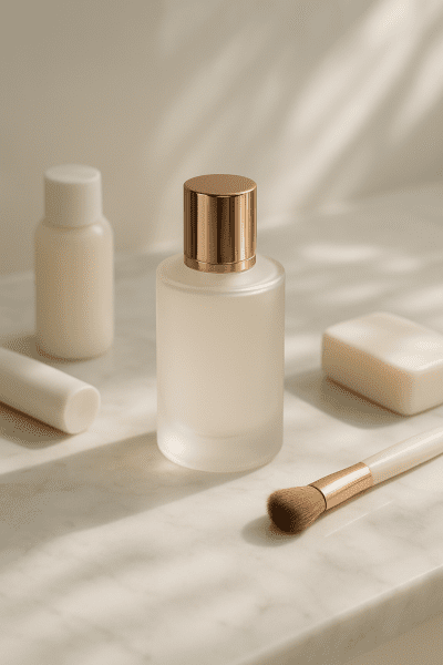 Frosted travel perfume bottle with rose gold accents on a marble vanity, surrounded by travel toiletries.