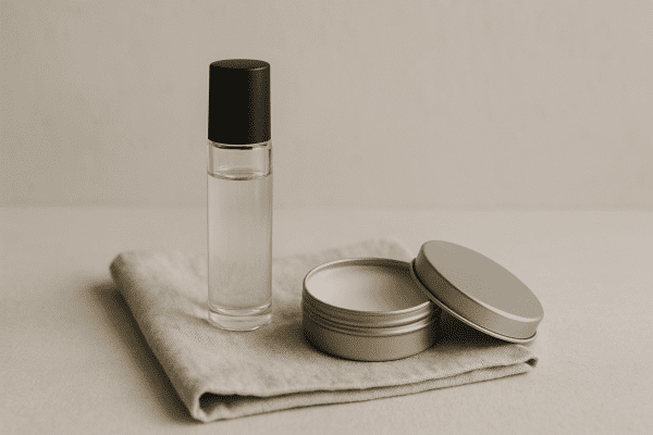Rollerball perfume and solid balm side by side on a folded linen pouch.