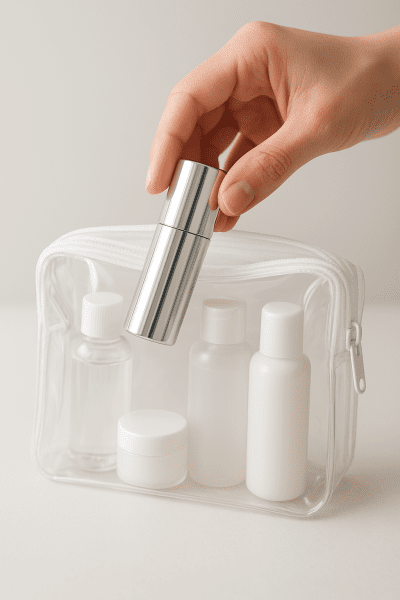 Hand placing a leakproof atomizer into a clear TSA-approved pouch with travel bottles.