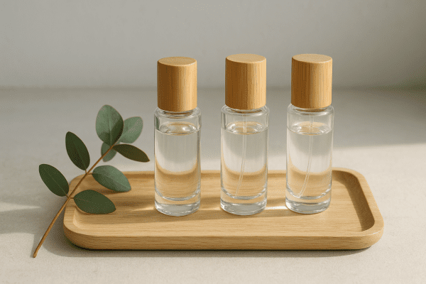 Refillable recycled glass perfume bottles with bamboo caps and eucalyptus on a wooden tray.