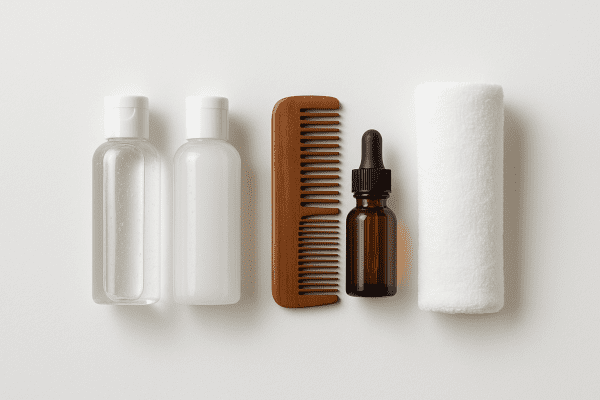 Modern flat lay of unbranded travel-size moisturizing shampoo and conditioner with hair care accessories on a clean white background.
