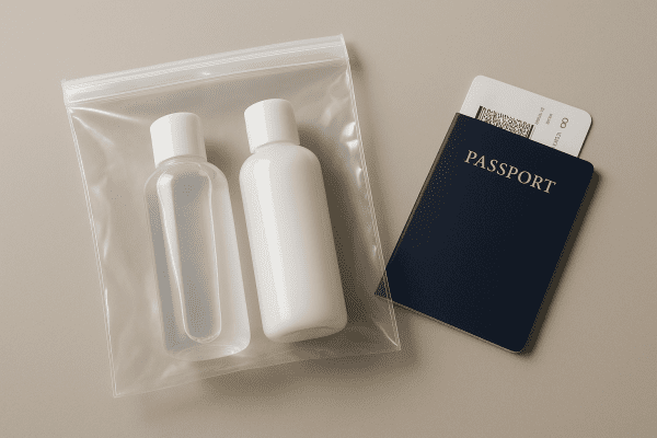 Transparent TSA-approved bag with travel-size shampoo, conditioner, passport, and boarding pass on a clean surface.