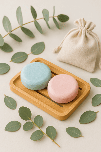 Sustainable shampoo and conditioner bars on bamboo tray with eucalyptus leaves and linen pouch.