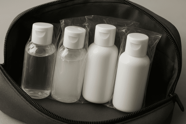 Leak-proof travel shampoo and conditioner bottles, some wrapped, neatly packed in toiletry bag.
