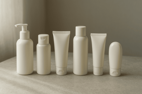 A collection of travel-size lotion bottles showing various shapes and dispensing methods on a stone-like surface.