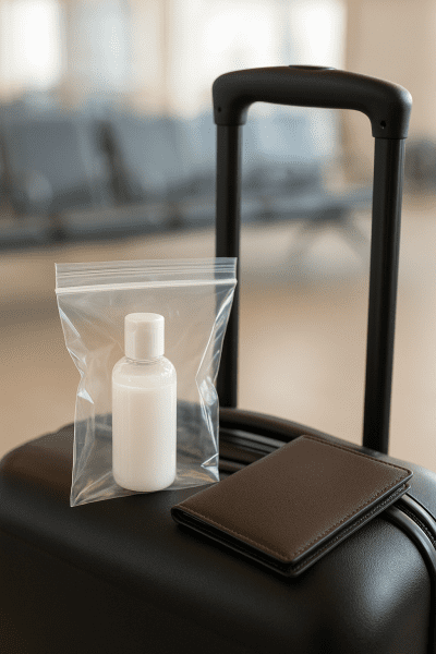 TSA-compliant travel lotion in a clear bag beside a passport holder and suitcase handle at an airport.
