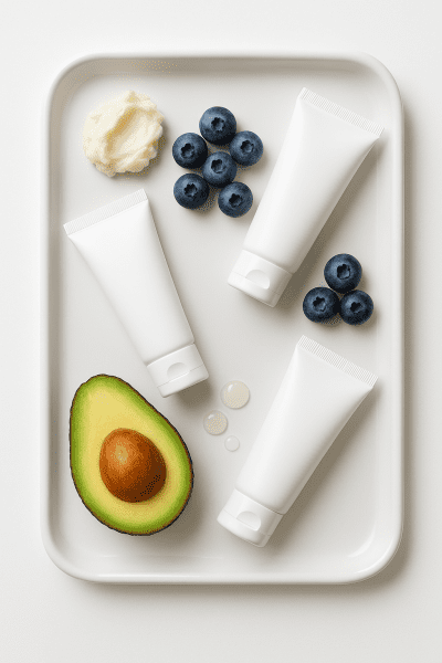 Travel lotion tubes with superfood ingredients like avocado, blueberries, and shea butter on a ceramic tray.