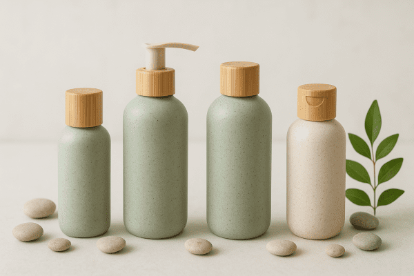 Eco-friendly travel lotion bottles made from bamboo and bioplastic with pebbles and a sprig on a bright surface.
