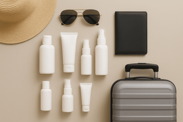 Flat lay of travel-size sunscreen bottles and sprays with sunglasses, a passport cover, a sunhat, and a carry-on suitcase, all neatly arranged.