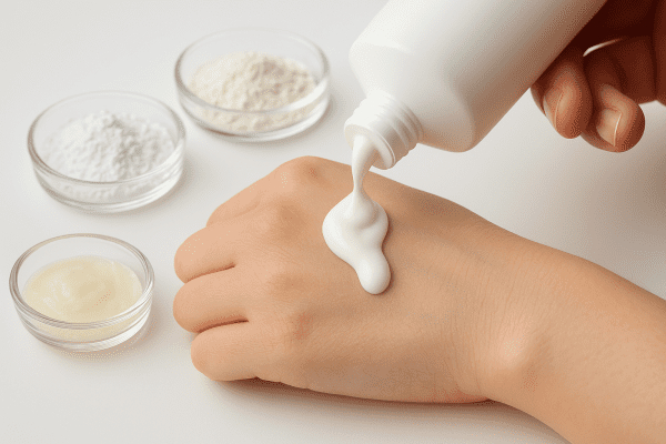 Close-up of sunscreen being dispensed onto a hand, with dishes of main sunscreen ingredients arranged nearby.