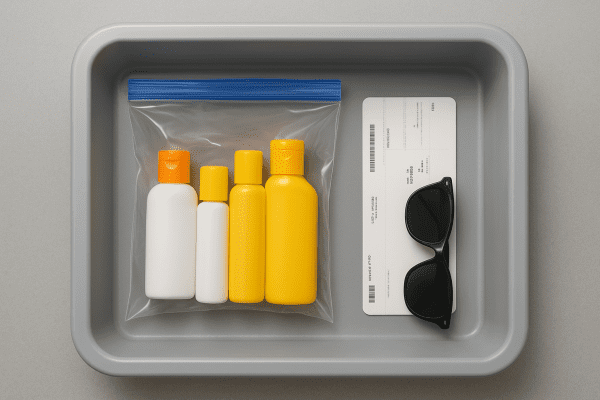 TSA tray with clear bag of travel-size sunscreen bottles, a boarding pass, and sunglasses.