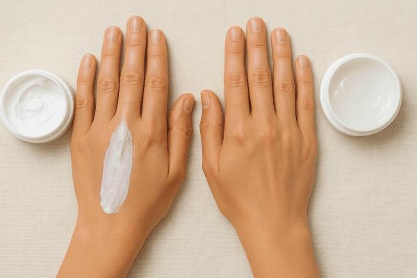 Hands side by side applying mineral and chemical sunscreens, showing white cast vs. transparent finish.