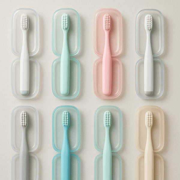 Overhead shot of several travel toothbrushes and pastel cases, highlighting bristle types and hygienic design.