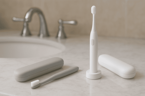 Manual and electric travel toothbrushes with cases on a marble hotel bathroom counter.