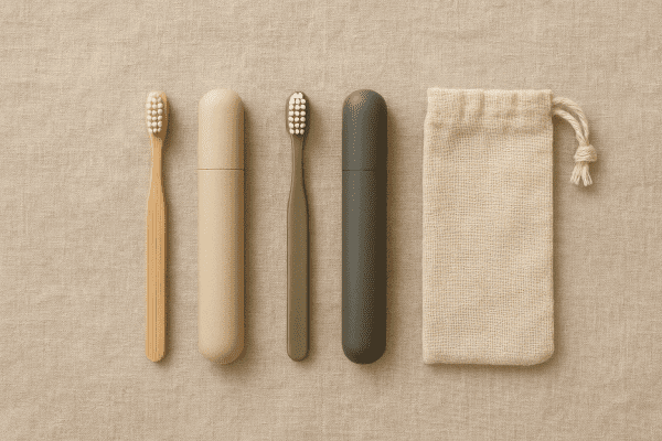 Flat lay of bamboo and recycled toothbrushes with biodegradable cases for travel.