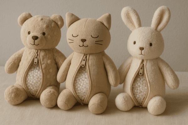 Weighted plush animals, one partially unzipped to show bead-filled compartments, with visible soft fabrics and fine stitching.
