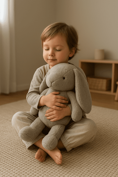 Serene child sitting on a textured playmat, hugging a large weighted plush bunny in a softly lit playroom.
