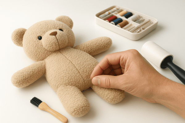 Adult hand checks seam of a weighted plush bear, with lint roller and brush on a spotless table.