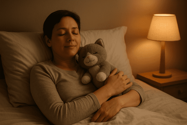 Adult relaxing in bed at night, hugging a weighted plush cat under warm lamp light.