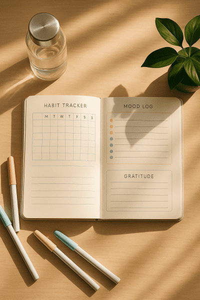 Open wellness journal with habit tracker, mood log, and gratitude sections, pens, water bottle, and plant.
