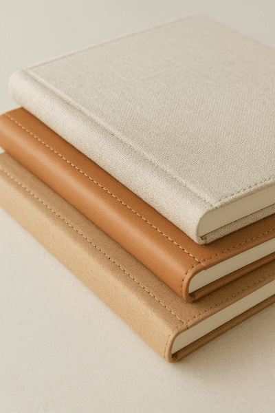 Stacked wellness journals with linen, vegan leather, and kraft paper covers, showing luxurious paper edges.