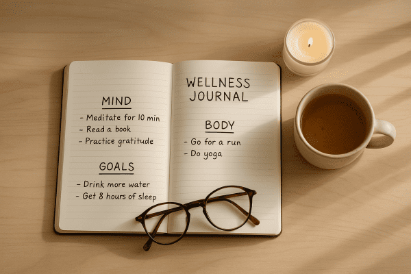 Wellness journal open to daily mind, body, and goals sections, with glasses, tea, and candle nearby.